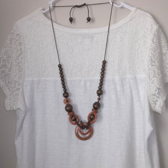 Wood Necklace, Necklace, Brown, Earring, Necklace and Earring Set Boho Set D337 - Picture 5 of 7